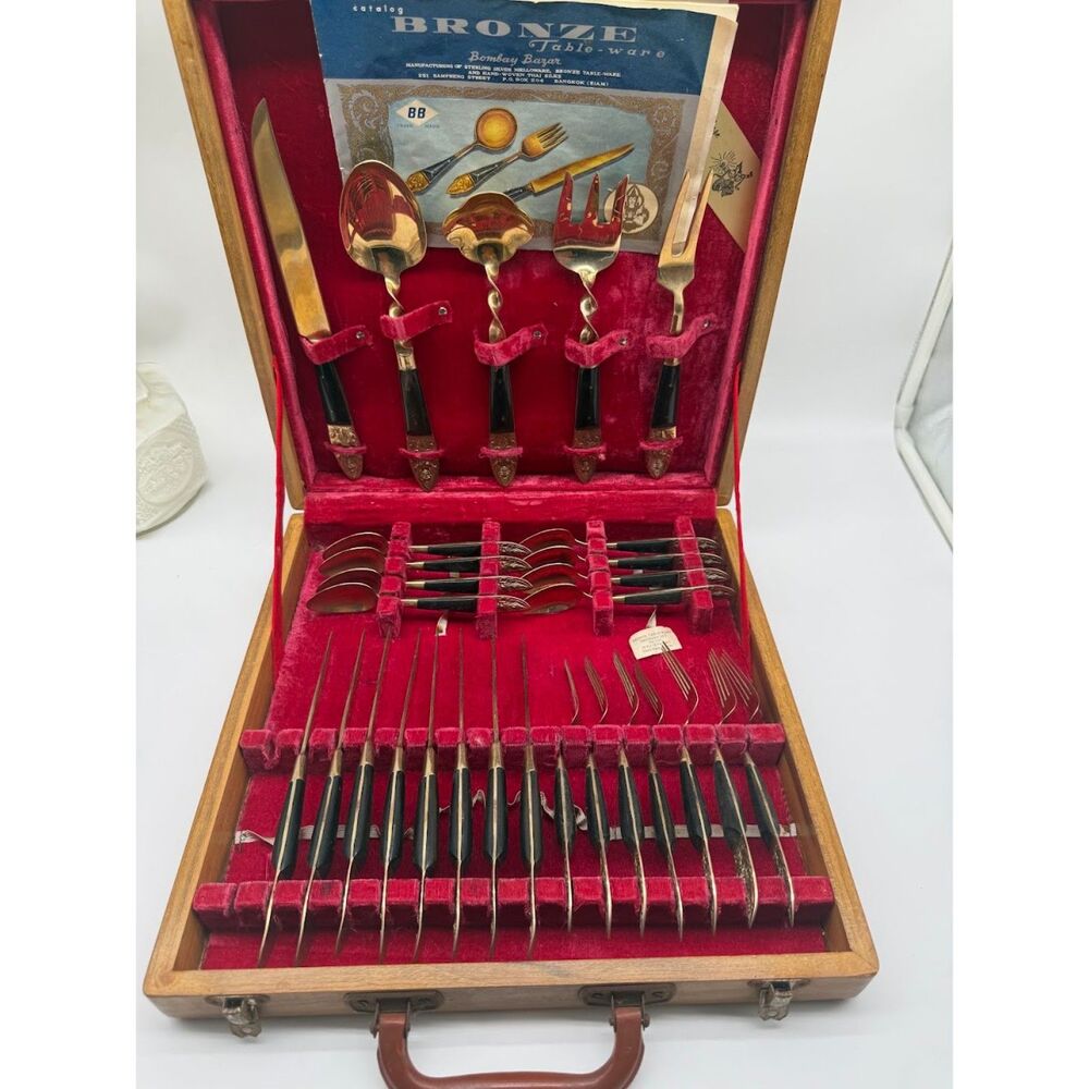 vintage set of Bombay Bazar bronze and rosewood flatware from Siam